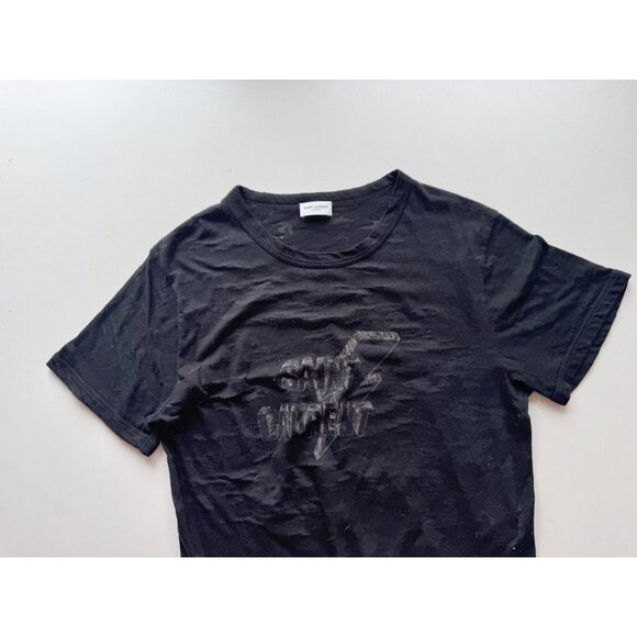 SAINT LAURENT Black Lightning Bolt Logo Burnout Short Sleeve T-Shirt, Size L - Picture 6 of 12